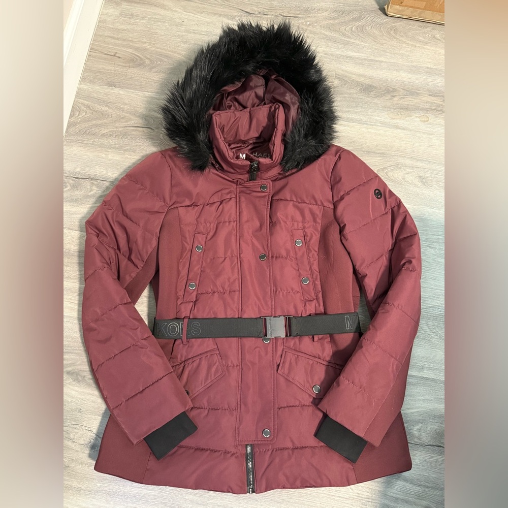 Michael Kors Maroon Puffer Jacket with Faux Fur Hood